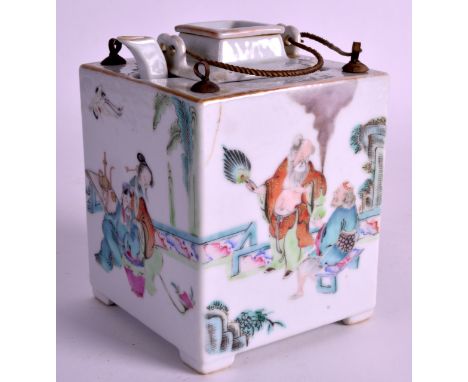A 19TH CENTURY CHINESE FAMILLE ROSE SQUARE FORM TEAPOT with inner body, Tongzhi, painte with scholars and animals. 5.75ins hi