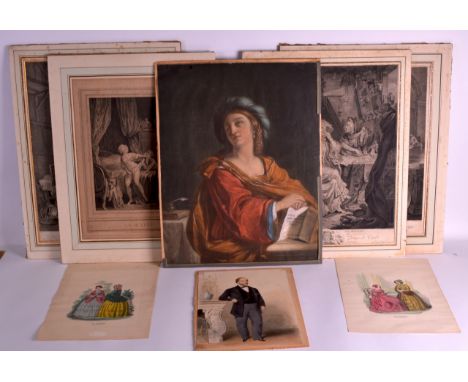 A SET OF FOUR 19TH CENTURY FRENCH PRINTS together with another three prints & a watercolour of a standing male, probably by C