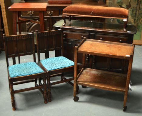 A 1950S SIDEBOARD together with a pair of chairs, a table, a stool, a tea trolley & another. (7)