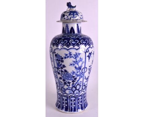 A 19TH CENTURY CHINESE BLUE AND WHITE BALUSTER VASE & COVER bearing Kangxi marks to base, painted with butterflies and insect