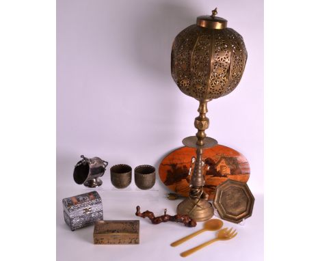 A LARGE EARLY 20TH CENTURY ENGRAVED INDIAN BRASS LAMP together with an ivory inlaid panel, brass dishes etc. (qty)