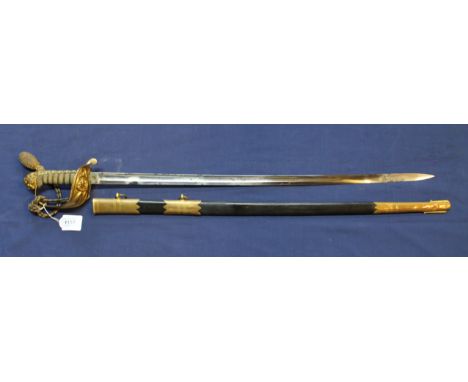 A Victorian model 1827 Naval Officers sword with brass mounted leather scabbard and original knot