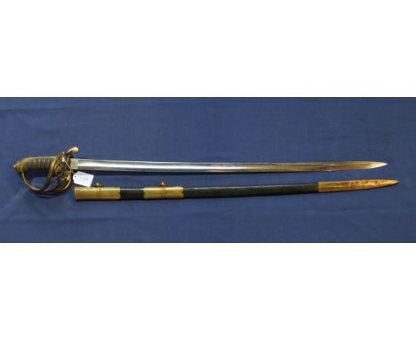 A Victorian model 1845/1854 Infantry Officers sword, within brass mounted leather scabbard (brass chape as found)