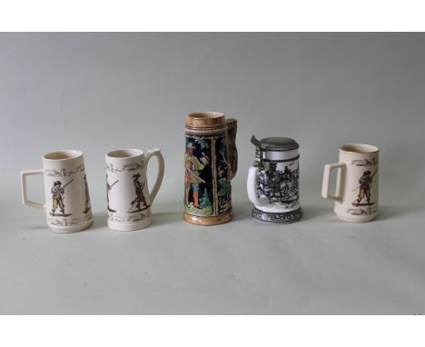 Two beer steins with three Holkham Potteries mugs, all with hunting/shooting themed scenes