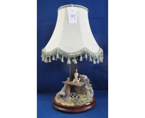 Border Fine Arts ceramic table lamp, Border Collie with puppies.  Shade, on wooden base. CONDITION REPORT: No obvious damage