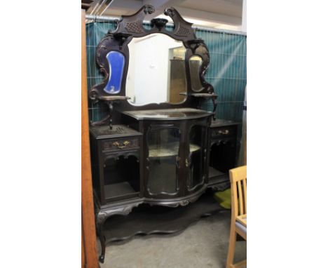 Late Victorian ebonised, mirror backed, break front sideboard on cabriole legs with under shelf. CONDITION REPORT: Dimensions