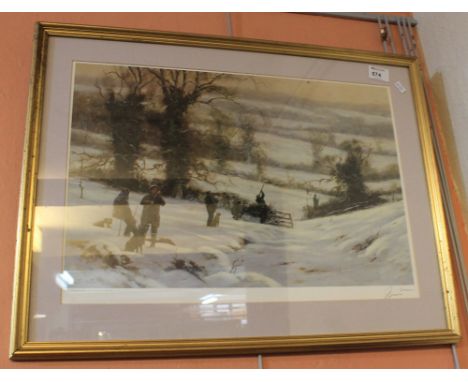 After John Trickott, winter shooting scene, limited edition coloured print, signed in pencil by the artist.  Framed and glaze
