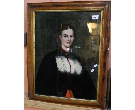 19th Century portrait study of a lady, reverse painted on glass.  Simulated maple frame.