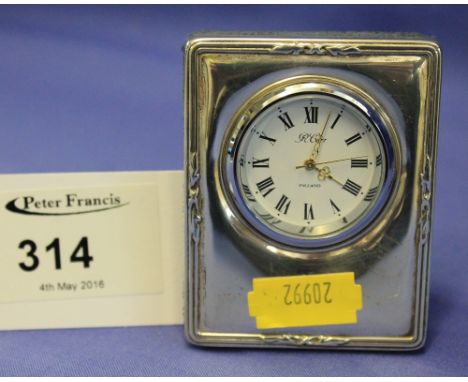 Modern silver clock frame, the clock marked: R. Carr, England, Sheffield hallmarks.