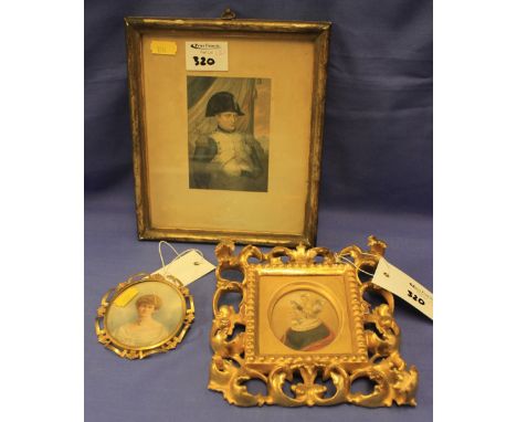 Group of portrait miniatures to include: portrait of a lady in gilt metal frame, painted on ivory; Baxter print: 'The Emperor