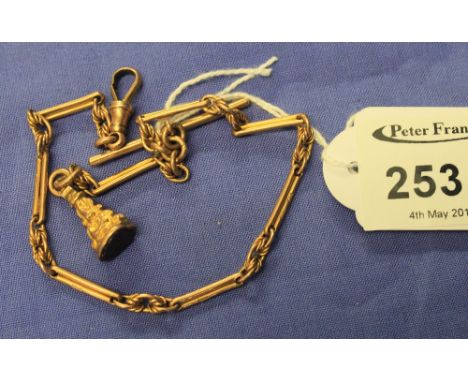 9ct gold pocket watch chain with t-bar and heart shaped fob.  CONDITION REPORT: 16.1g