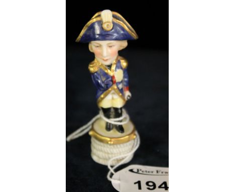 19th Century Derby miniature porcelain study of Lord Nelson raised on wheel and rope base, red mark to base. CONDITION REPORT