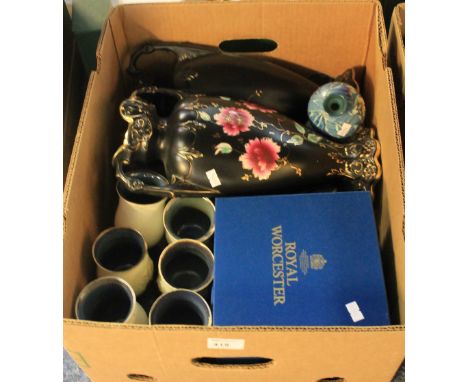 Box of assorted china to include: small Gwili Pottery baluster floral vase; set of six pottery drinking goblets; pair of earl