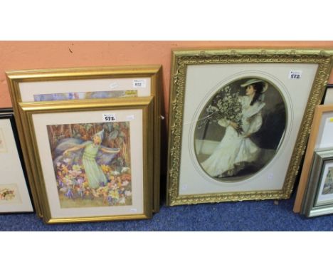 After Margaret W. Tarrent, two fairystory studies, coloured prints, together with framed portrait of a woman. (3)