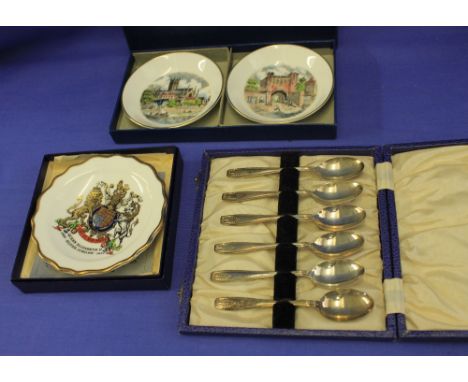 Cased set of six silver teaspoons, Birmingham hallmarks, together with boxed Royal Worcester commemorative and scenic dishes.