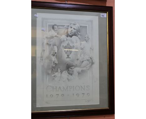 After l. Morris, 'Champions 1970-1979, Wimbledon', a limited edition monochrome print signed in pencil by the artist.  Framed