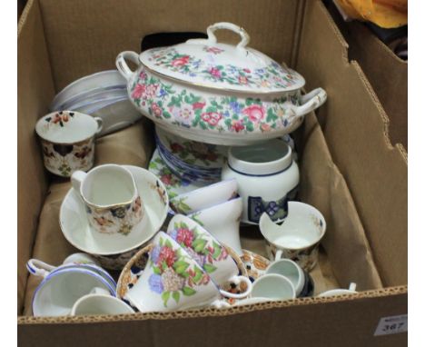 Box of assorted china to include: Crown Staffordshire floral lidded, two handled tureen; Aynsley floral  teaware; Royal Doult