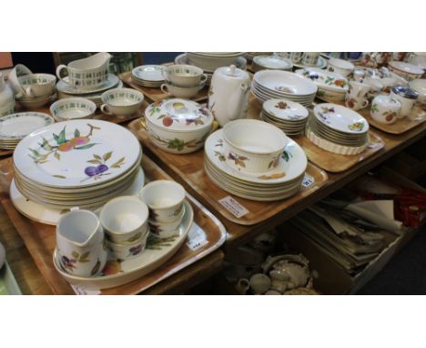 Four trays of Royal Worcester Evesham oven to tableware items to include: cups and saucers; tureens; coffee pot; salt and pep