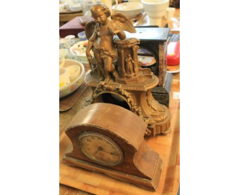 Mahogany cased, hat shape type mantel clock together with a heavy gilt metal French figural clock case and a Victorian slate 