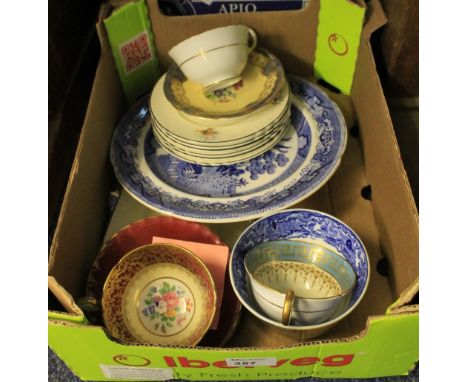 Tray of assorted china to include: Aynsley floral cabinet cups and saucers; George Jones and Son 'Abbey' blue and white sucri