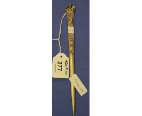 Silver letter opener or paper knife mounted with a crown relief portrait of George VI, hallmarked London 1936.