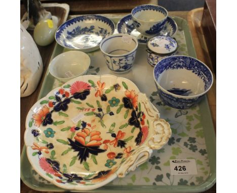 Tray of assorted china to include: First period Worcester blue and white tea bowl and saucer and another first period saucer;