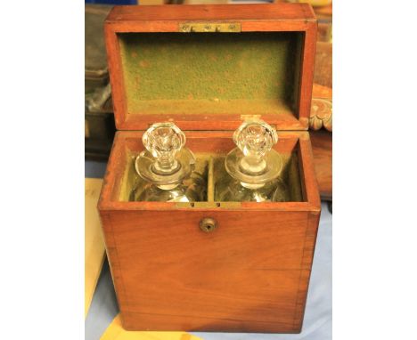 19th Century mahogany two section decanter box with two decanters, the lock marked: B.P. Amar, London.