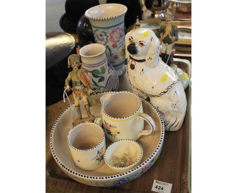 Tray of assorted china to include: Poole Pottery cylinder vase; Poole Pottery baluster vase; Poole Pottery fruit bowl and oth