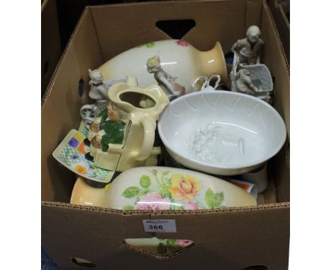 Box of assorted china to include: floral bouquet jelly mould; continental figures; Royal Grafton cups and saucers etc.