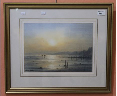 Graham Hadlow, (Contemporary in Wales), 'Sunset over Amroth Beach', watercolours, signed.  Framed and glazed.