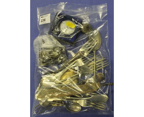 Bag of assorted collectables to include various white metal cutlery: forks; spoons; modern pocket watch; Smith's pocket watch