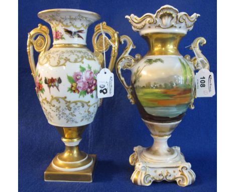 19th Century Continental porcelain urn shaped, two handled pedestal vases, one with painted portrait panel, the other decorat