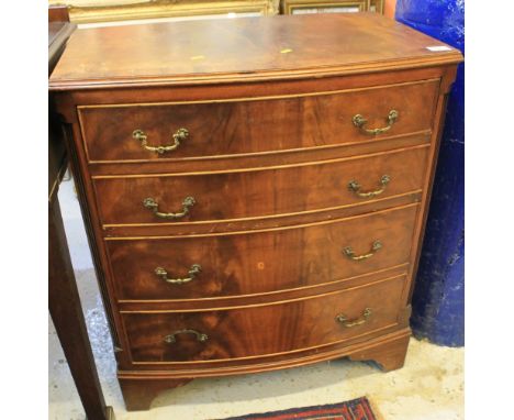 Reproduction mahogany narrow bow front chest of four drawers on bracket feet.