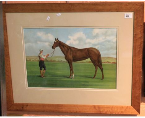 Framed equestrian study of a racehorse with jockey in landscape, coloured print.  Simulated maple frame and glazed.