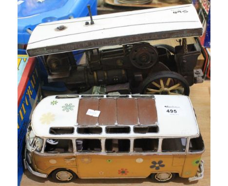 Modern tin steam engine together with a modern study of a camper van. (2)