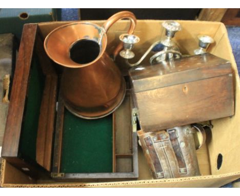Box of assorted items to include: pair of binoculars in leather case marked: A. Tureup, Paris; copper conical jug; plated can