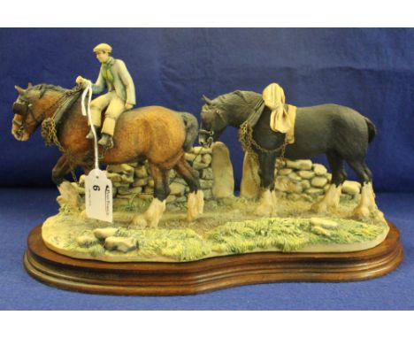 A Border Fine Arts ceramic diorama group, heavy horses and ostler returning home.  Wooden shaped base. CONDITION REPORT: No o