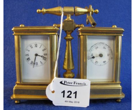 Brass miniature double carriage clock barometer with key.