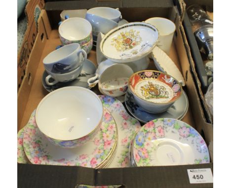 Tray of assorted china to include: Crown Staffordshire floral teaware; Japanese eggshell teaware; Royal Worcester Golden Jubi