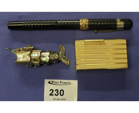 Dupont of Paris lighter, numbered: 477AFE, mother-of-pearl articulated fish charm and a fountain pen with 14ct nib.