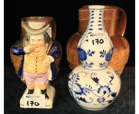 Two stoneware, two tone jugs depicting topers, and hunting scenes, one marked Doulton Lambeth together with 19th Century pott
