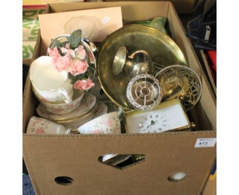 Box of assorted items to include: Colclough bone china floral teaware; brass modern Estyma; mantel clock; brass tray; plated 