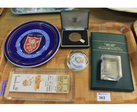 Collection of sporting ephemera to include: Royal Mint Fred Perry 1984 coin or medallion commemorating his winning at Wimbled