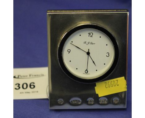 Modern silver clock frame on easel stand, Sheffield hallmarks, the clock marked: R.J. Carr.