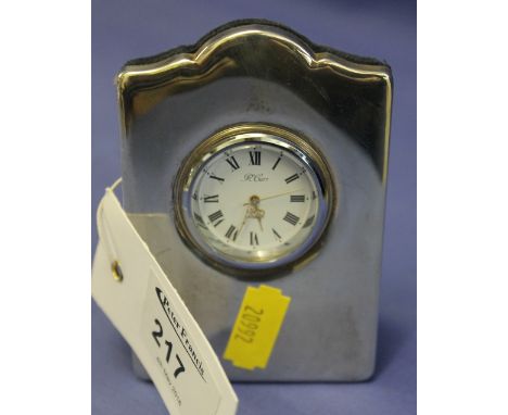 Small silver clock frame with inset clock face marked: R.Carr, Sheffield hallmarks.
