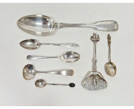 Georgian silver small ladle, silver coffee bean spoon, three silver teaspoons, Dutch continental silver sugar shovel with shi