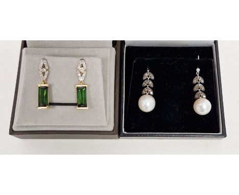 Pair 18ct white gold, pearl and grey stone drop earrings with foliate decoration and a pair of 18ct yellow gold, green and wh