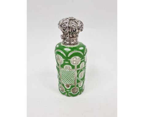 Victorian green cased engraved glass scent bottle, with embossed white metal mount and original glass stopper, 10.5cm highCon