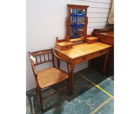 Edwardian pine dressing table with swing mirror above, with two reeded drawers, on turned baluster legs and porcelain castors