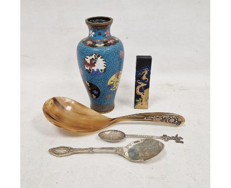Japanese cloisonne enamel vase, late Meiji period (1868-1912) decorated with mons on a blue scroll ground, 15.5cm high, a Chi